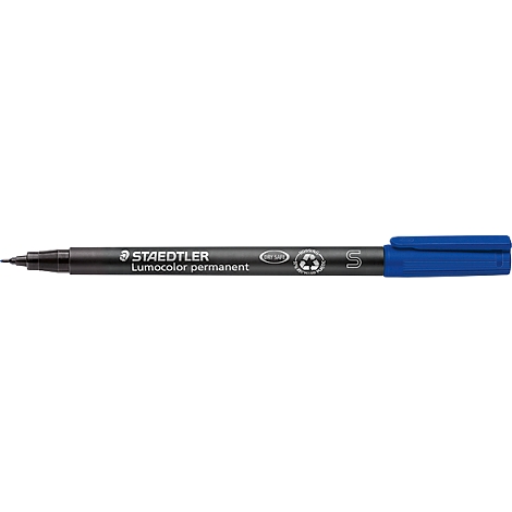 A blue STAEDTLER Lumocolor permanent marker showing the tip and cap area.