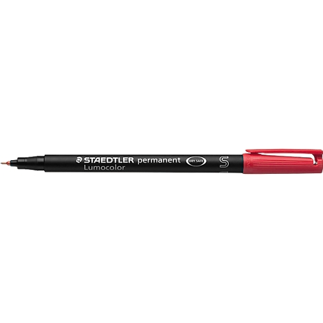 Black marker with red cap. The pen reads "STAEDTLER permanent Lumocolor".