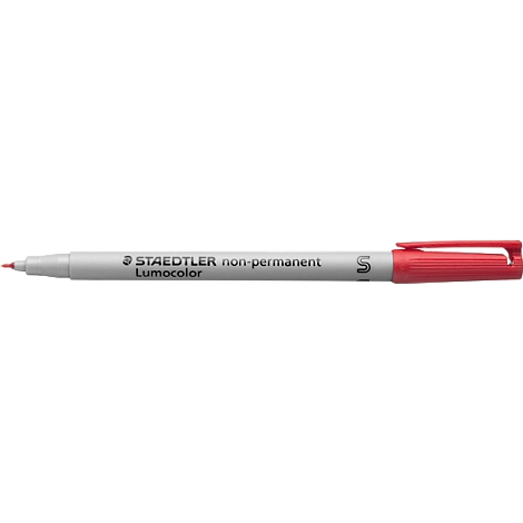 Red marker with a white barrel, reads STAEDTLER Lumocolor non-permanent.
