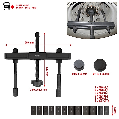 Schwarzes Werkzeug mit Maßen und Beschriftungen. Ein Rad ist im Hintergrund abgebildet. In der linken oberen Ecke steht SAUER - BPW, SCANIA - FUSO - HINO.