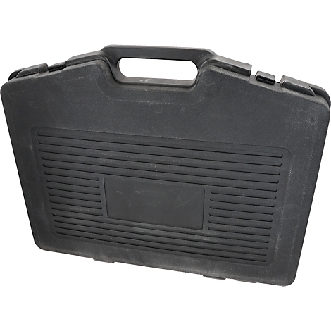 Schwarzer Werkzeugkoffer mit Griff und geriffelter Oberfläche.