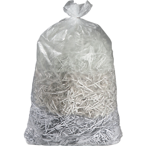 A transparent garbage bag filled with shredded paper.