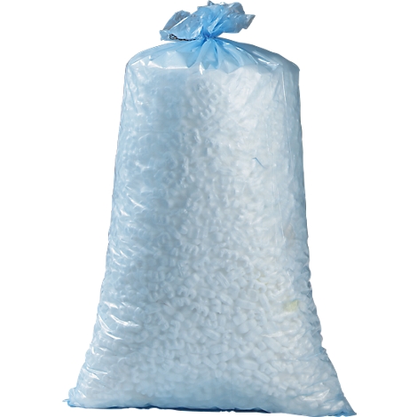 A blue plastic bag filled with white styrofoam pellets. The bag is knotted at the top.