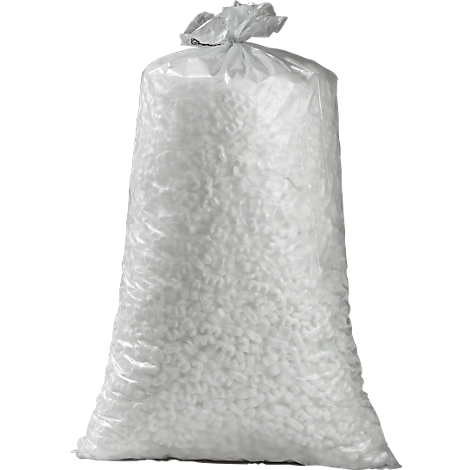 Transparent plastic bag filled with white packing peanuts.
