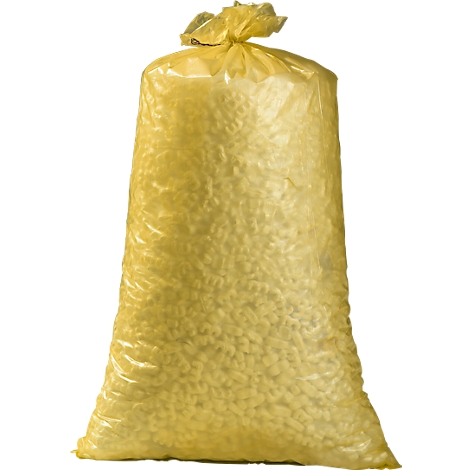 Yellow plastic bag filled with small pellets, tied at the top.