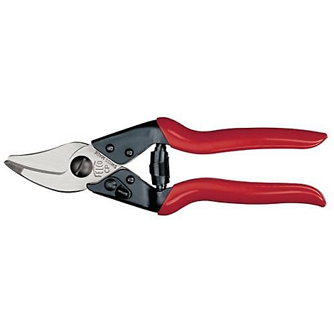 Close-up of red Felco pruning shears. Black metal handles, red coated. Inscription: Felco Swiss Made CP.