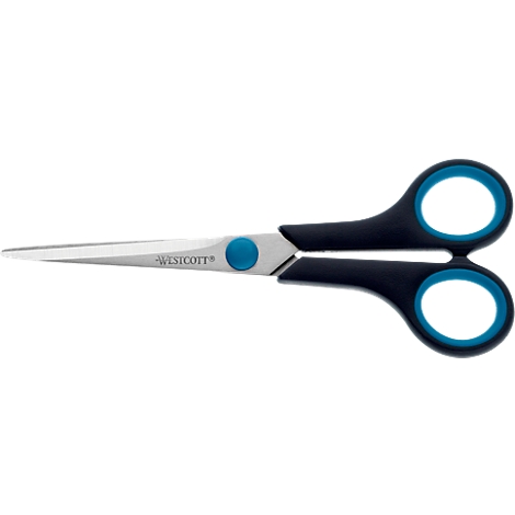 Scissors with black handles, blue-rimmed finger holes, and a silver blade with the text WESTCOTT.