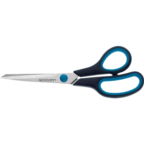 Scissors with black handles and blue accents, metal blades. The blade says "WESTCOTT".