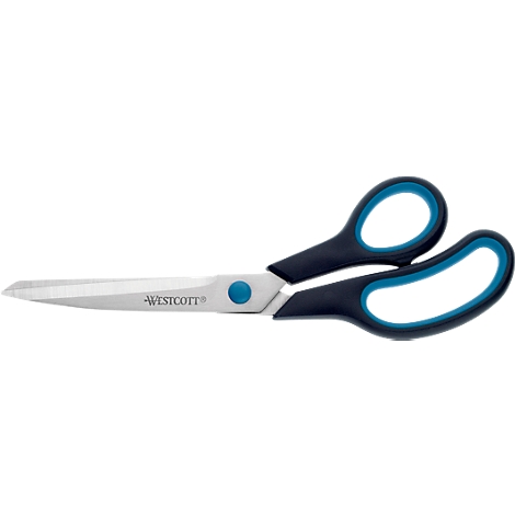Scissors with black handles and blue accents, on a white background. The blade says "Westcott".
