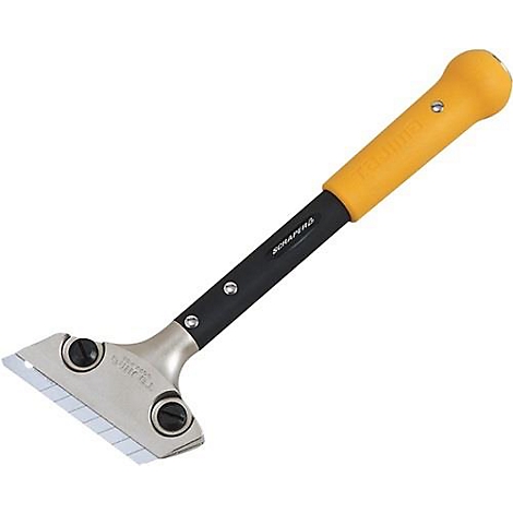 A scraper with a yellow handle and silver blade. "SCRAPERS" is written on the handle.