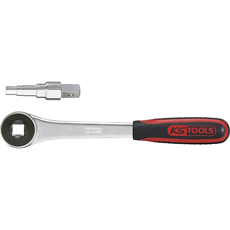 Chromfarbene Knarre und Bit-Adapter. Der Griff ist schwarz mit roter Applikation. Auf dem Griff steht KS TOOLS.