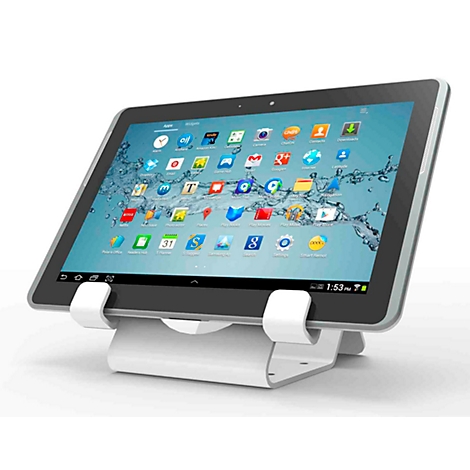 Ein Tablet-PC auf einem weißen Ständer. Der Bildschirm zeigt bunte App-Icons. Auf der rechten Seite steht die Uhrzeit.