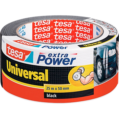 Tesa Extra Power Universal tape. Roll with product information and an image of a car.