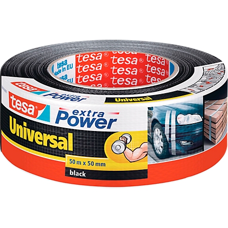 Black Tesa tape. "Extra Power Universal" label and examples of uses.