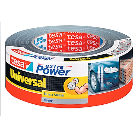 Silver tesa tape with print, rolled in front of a light background.