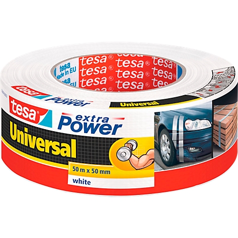 White tesa roll with 'Extra Power Universal' print. Application instructions show a car and bricks.