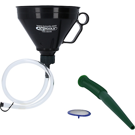 Schwarzer Trichter mit Griff und Schlauch, daneben grüner Ausgießer und Filter.