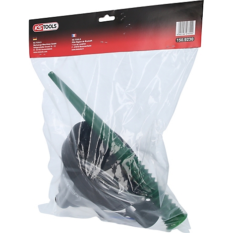 Ein Trichter-Set, verpackt in einer transparenten Plastiktüte. Aufgedruckte Logos und Produktinformationen.