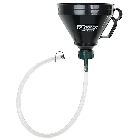 Schwarzer Trichter mit Griff und Schlauch; mit grünem Anschluss. Aufschrift: KS TOOLS.