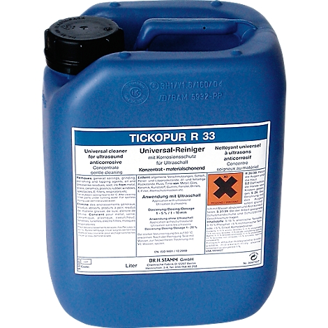 Blue cleaning liquid labeled 'TICKOPUR R 33'. Label with product information. Black lid and handle.