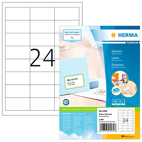 Etikettenbogen mit 24 Etiketten, daneben eine Packung Etiketten, sowie ein Flyer mit Produktinformationen.