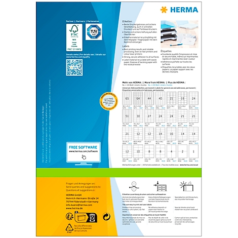 Werbeprospekt für Herma Etiketten, verschiedene Formate und Zertifizierungen. Hintergrund blau und grün, Logo.