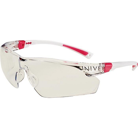 Lunettes de sécurité transparentes avec branches blanches et accents rouges. Le logo UNIVET est visible sur la monture.