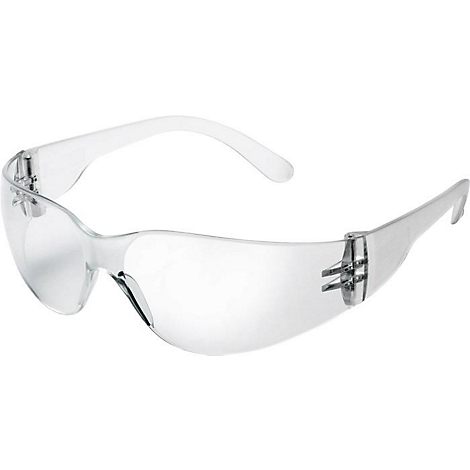 Lunettes de sécurité transparentes avec branches. Les verres sont grands et protègent les yeux.