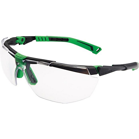 Lunettes de sécurité avec verres transparents, accents verts et noirs.