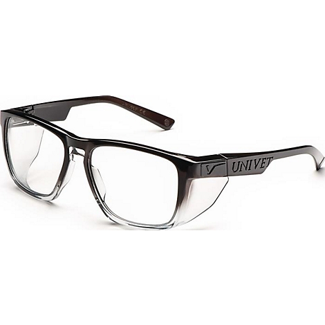 Lunettes de sécurité gris foncé avec verres transparents et le mot "UNIVET".