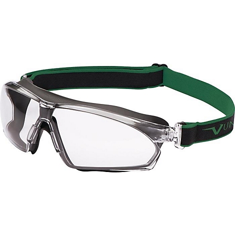 Lunettes de sécurité avec verres transparents et sangle verte. La monture est grise. Il y a des lettres sur la sangle.