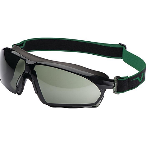 Lunettes de sécurité noires avec bandeau vert. Les verres sont teintés, le bandeau est réglable.