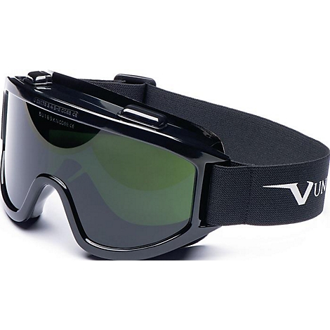 Lunettes de protection noires avec verres verts et une sangle noire avec un logo blanc.