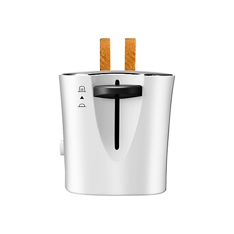Weißer Toaster mit zwei goldenen Toastscheiben, die aus den Schlitzen herausragen.