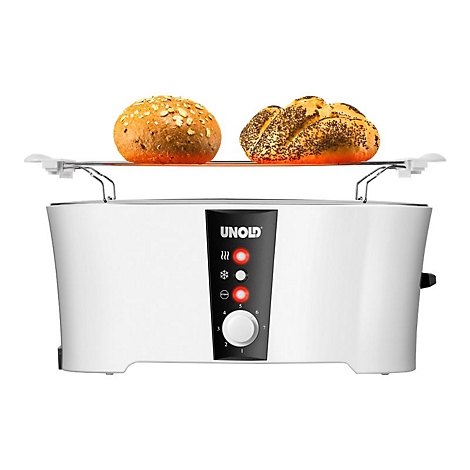 Weißer Langschlitz-Toaster von Unold mit Brötchenaufsatz und zwei aufgebackenen Brötchen vor weißem Hintergrund.