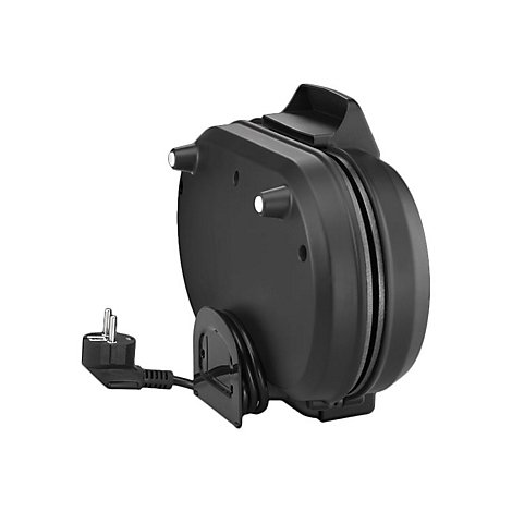 Schwarzes Waffeleisen in vertikaler Position vor weißem Hintergrund mit Netzkabel.