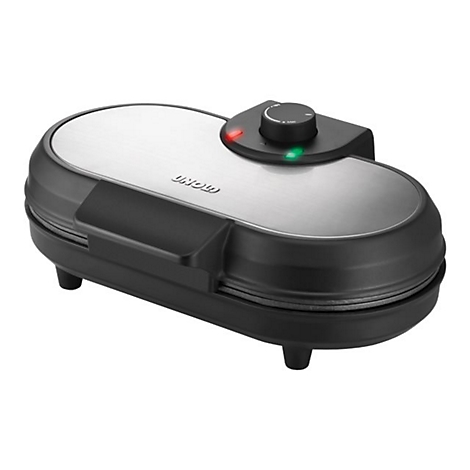 Elektrisches Waffeleisen von Unold in schwarz und silber mit Drehregler und Kontrollleuchten auf weißem Hintergrund.