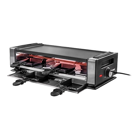 Ein schwarzer Raclette-Grill vor weißem Hintergrund mit vier Pfännchen und glühendem Heizelement.