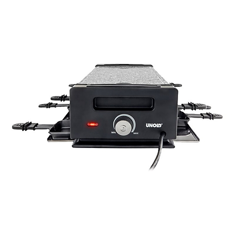 Schwarzer Raclette-Grill der Marke Unold mit Steinplatte, Kontrollleuchte und Temperaturregler.