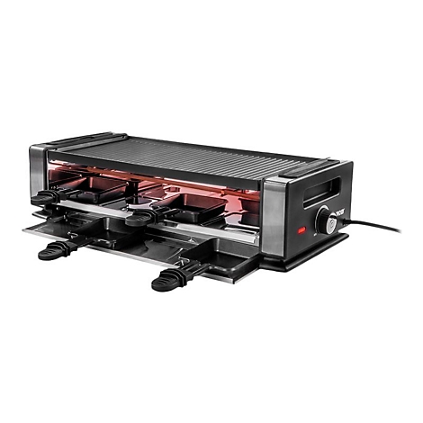 Schwarzer Raclette-Grill mit geriffelter Grillplatte, vier Pfännchen und seitlichem Drehregler vor weißem Hintergrund.