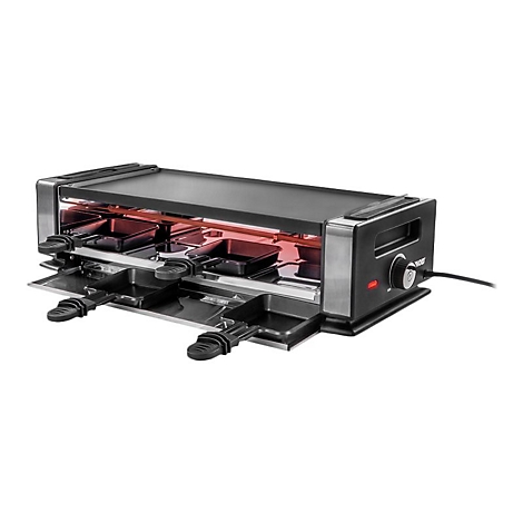 Elektrischer Raclette-Grill mit acht Pfännchen und schwarzer Grillplatte auf weißem Grund.