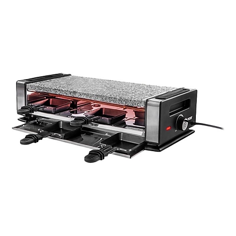 Raclette-Grill mit Steinplatte und mehreren Pfännchen auf weißem Hintergrund.