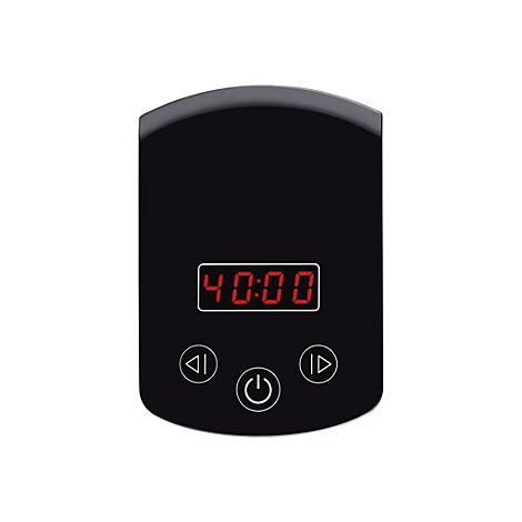 Schwarzes Steuergerät mit digitaler roter Zeitanzeige und drei Touch-Tasten: Start/Stopp, Ein/Aus und Vorlauf.