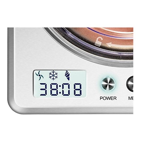 Nahaufnahme eines silbernen Displays mit Zeitangabe 38:08 und Eissymbolen, daneben ein Power-Button.