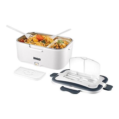 Weiße elektrische Lunchbox von Unold gefüllt mit Spaghetti und einer weiteren Speise, daneben der Deckel mit Besteck.