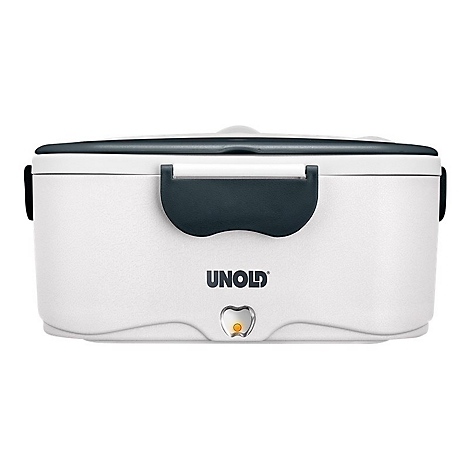 Weiße, längliche Lunchbox von Unold mit grauem Deckel, Verschlussklemmen und einer kleinen Kontrollleuchte vorn.