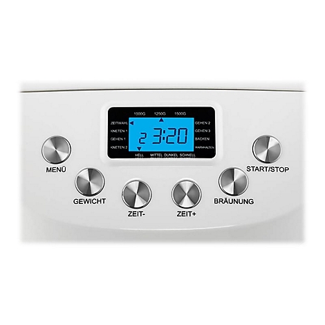 Nahaufnahme des Bedienfelds eines Brotbackautomaten mit blauem LCD-Display und silbernen Metallknöpfen.