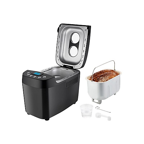 Schwarzer Brotbackautomat mit geöffnetem Deckel und entnommener Backform mit frisch gebackenem Brot.