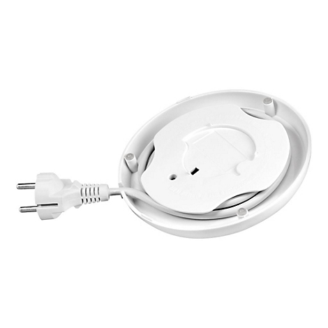 Die Unterseite eines runden, weißen elektrischen Geräts mit einem Stromkabel und Schuko-Stecker.