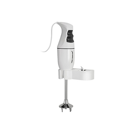 Weißer Stabmixer mit Standfuß, Edelstahl-Mixkopf und schwarzem Bedienelement auf weißem Grund.